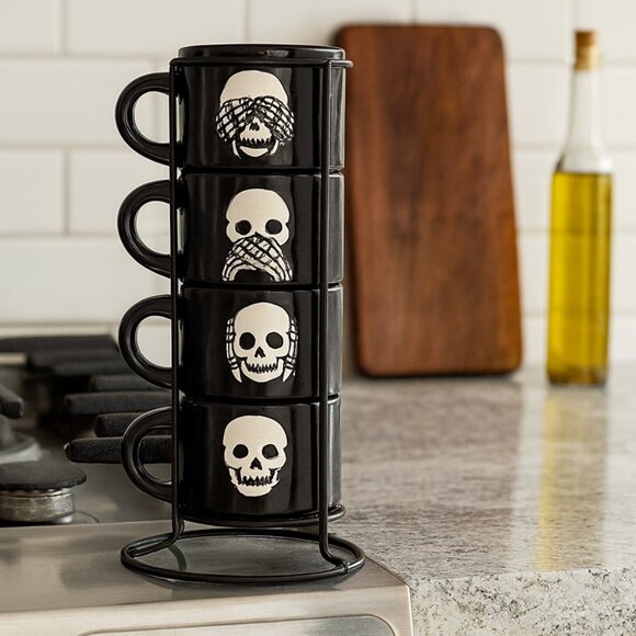 NEW Ceramic Skeleton Espresso Mugs Mug Set of 4 Stacking Stackable Black Stonewa - Picture 2 of 15